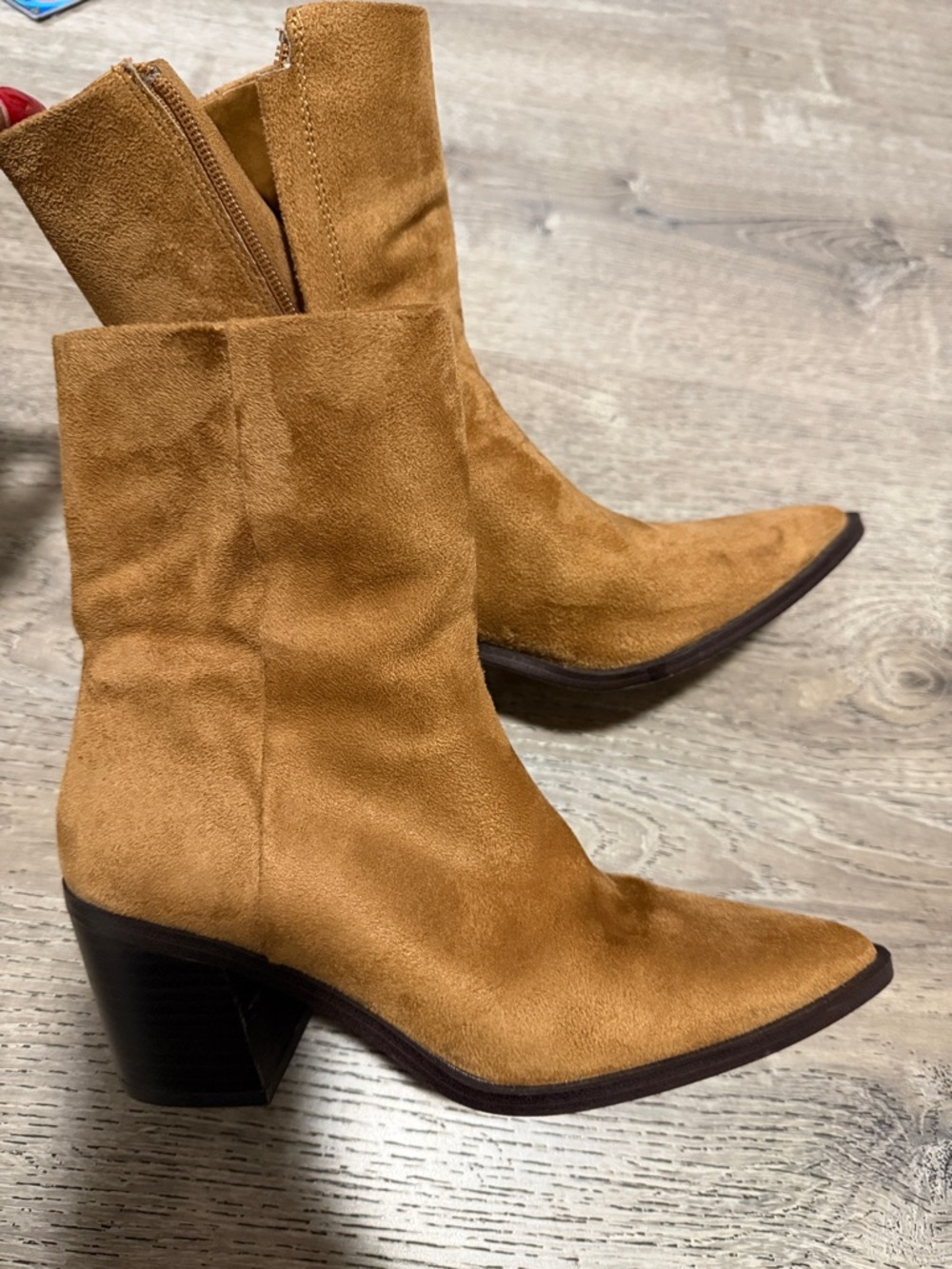 H&M Cognac Suede Pointed-Toe Mid Heel Ankle Boots